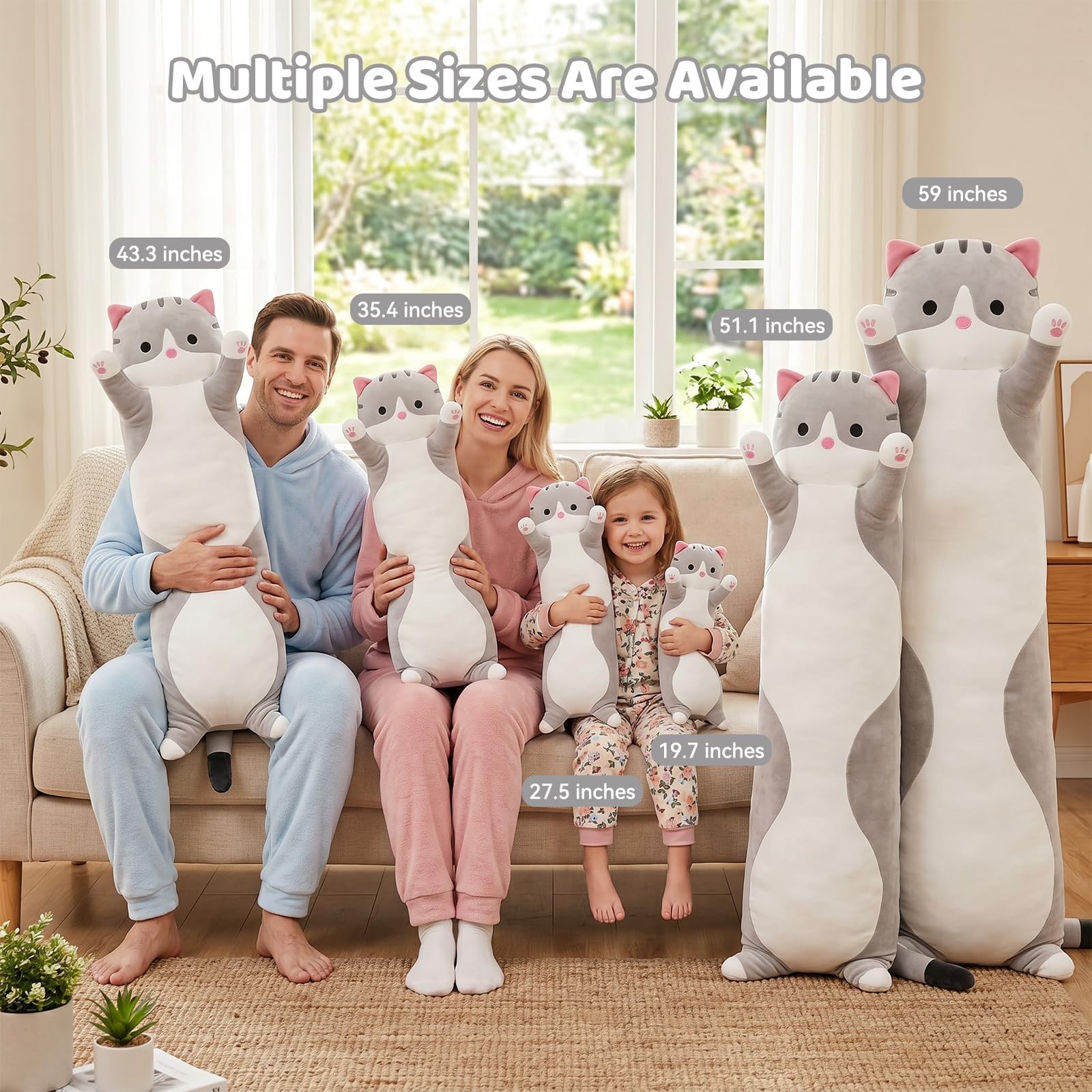 SHINUOER Gray Cat Plush Pillow 19.7 Inch – Long Body Pillow for Kids