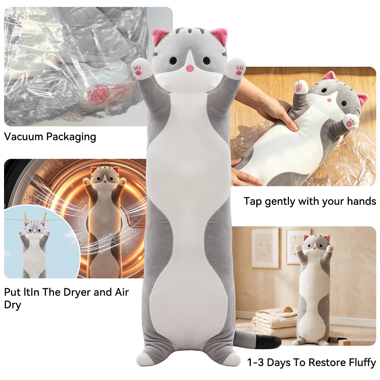 SHINUOER Gray Cat Plush Pillow 19.7 Inch – Long Body Pillow for Kids