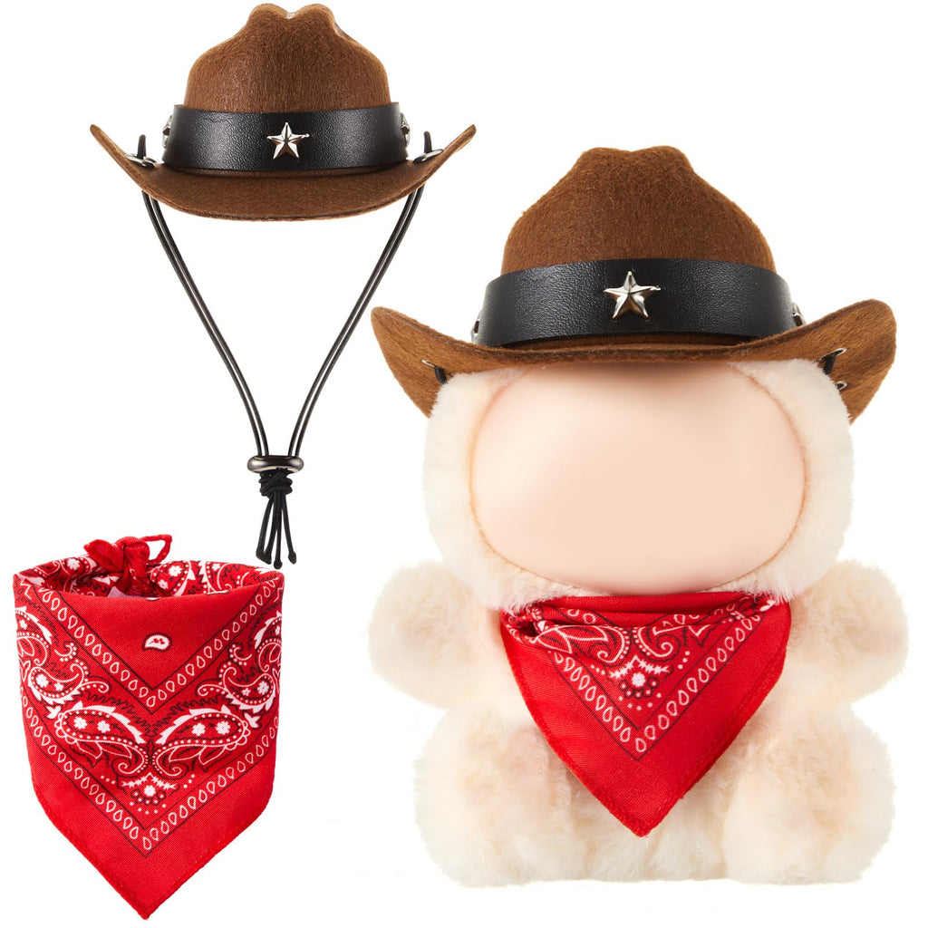 Shyyween 2 Pcs 17cm Doll Cowboy Costume Accessories – Mini Western Cowboy Hat with Bandana Scarf Set for Collectors