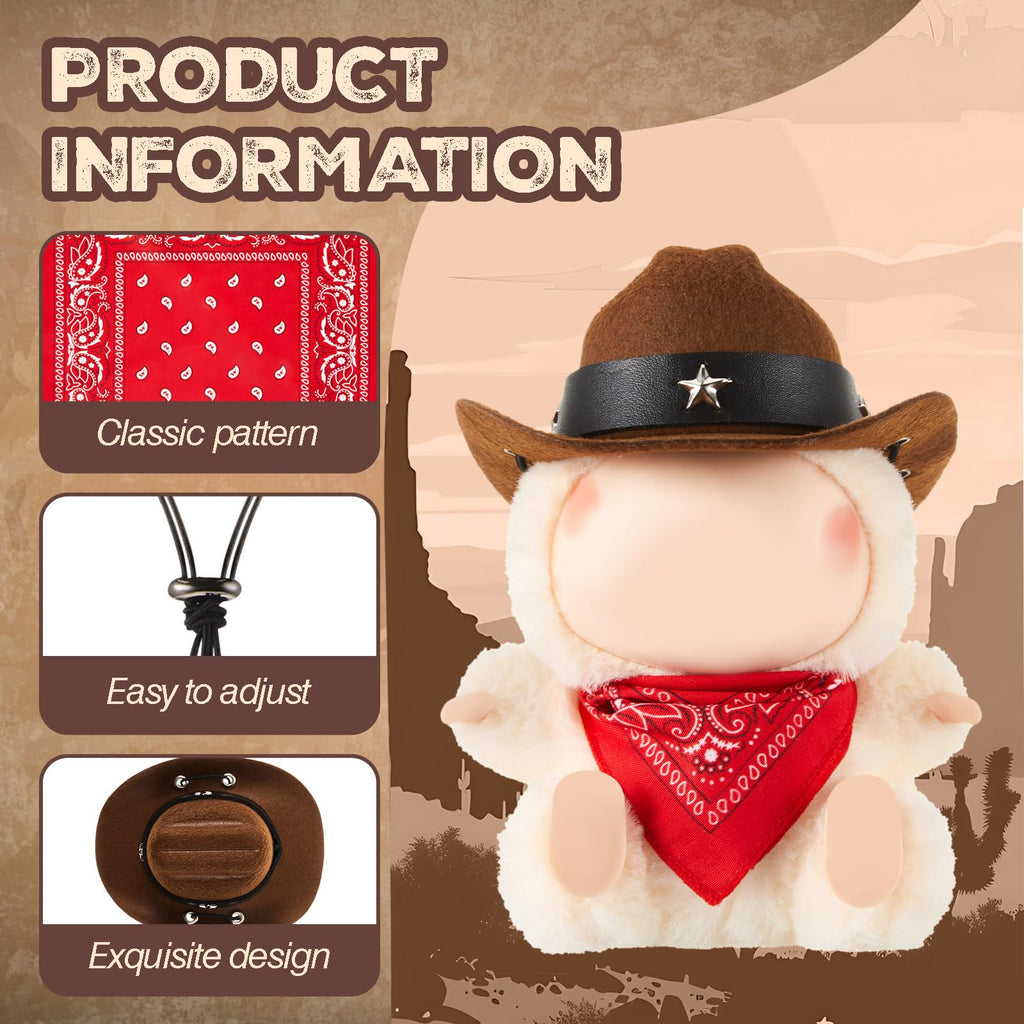Shyyween 2 Pcs 17cm Doll Cowboy Costume Accessories – Mini Western Cowboy Hat with Bandana Scarf Set for Collectors