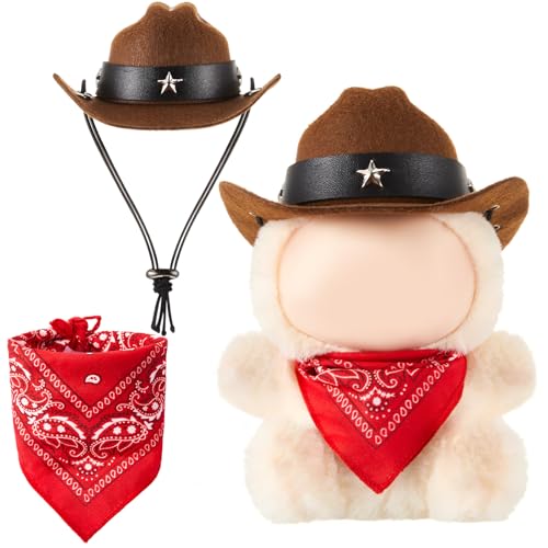 Shyyween 2 Pcs 17cm Doll Cowboy Costume Accessories – Mini Western Cowboy Hat with Bandana Scarf Set for Collectors