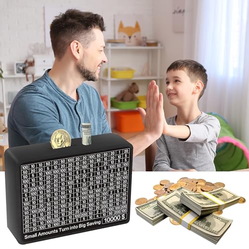 Sidypro Wooden Money Saving Box with 10000 Dollars Target – Cash Savings Challenge for Adults & Kids, Black