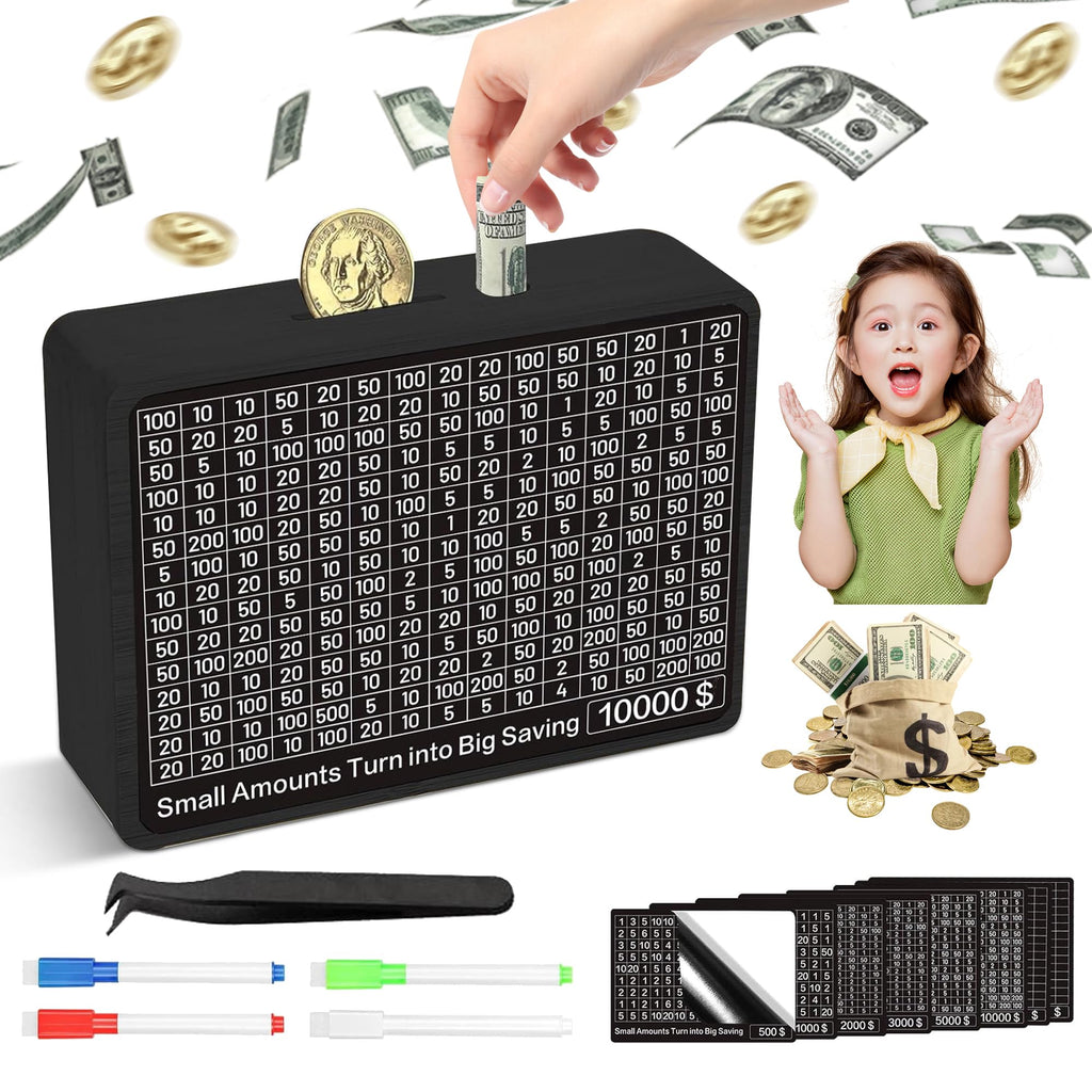 Sidypro Wooden Money Saving Box with 10000 Dollars Target – Cash Savings Challenge for Adults & Kids, Black