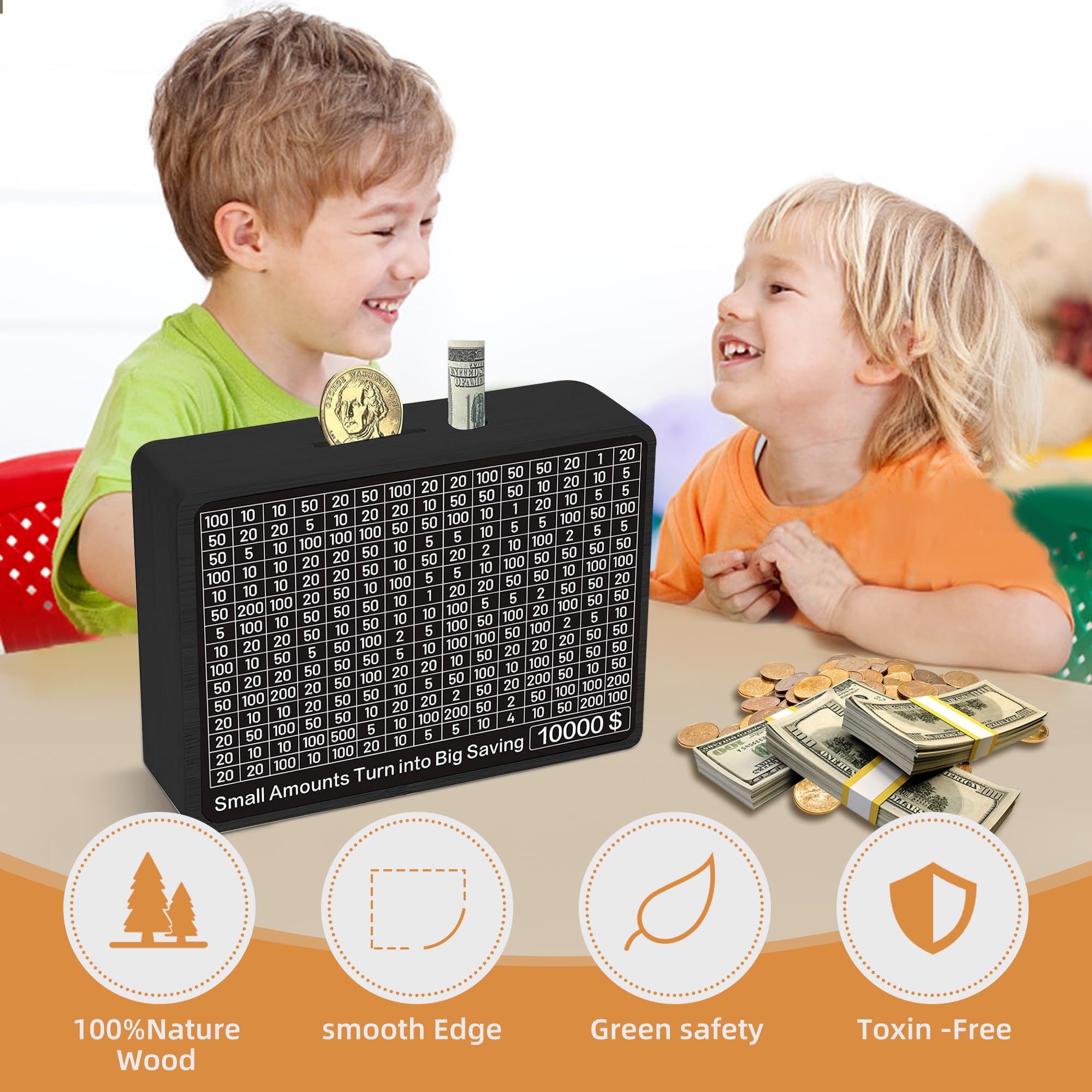 Sidypro Wooden Money Saving Box with 10000 Dollars Target – Cash Savings Challenge for Adults & Kids, Black