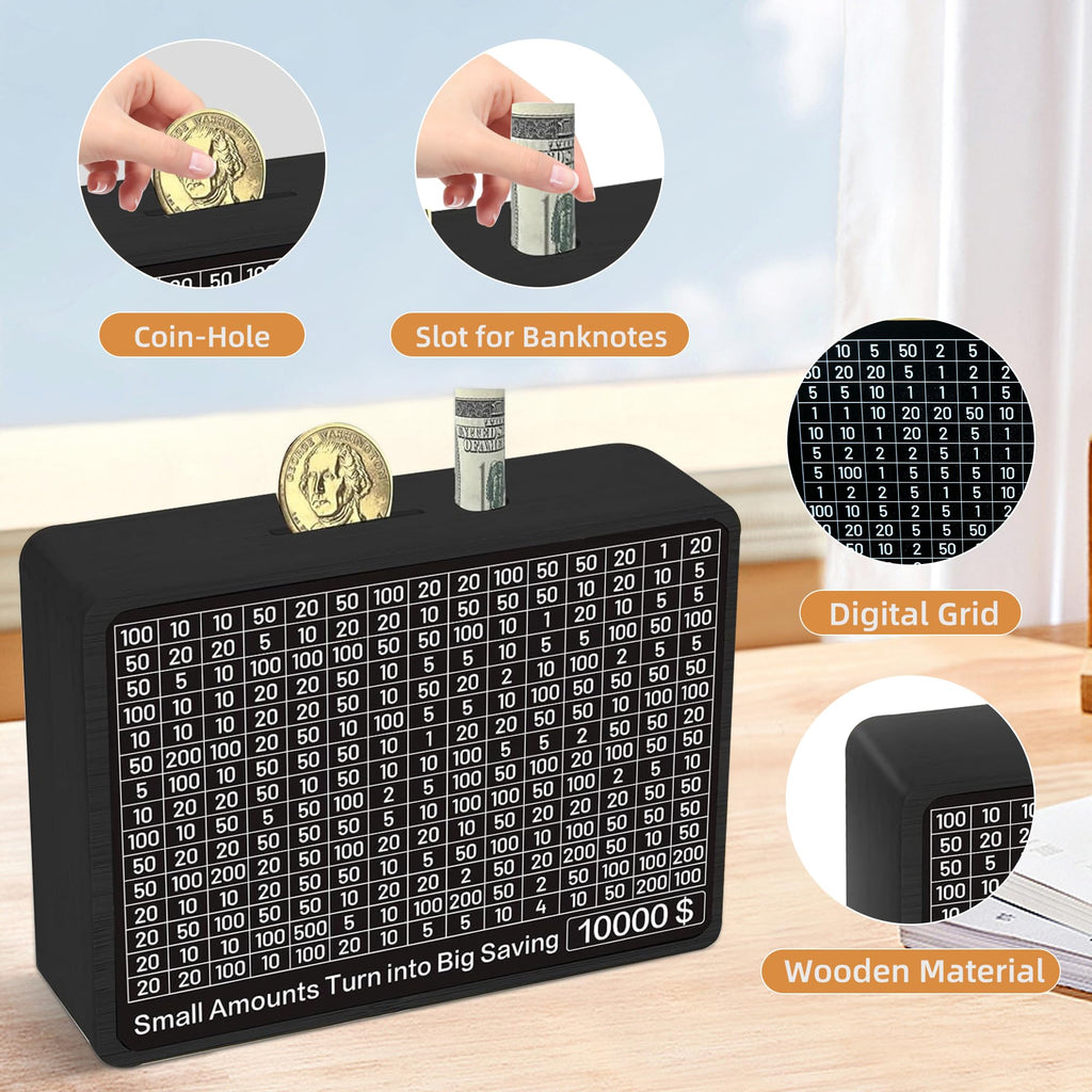 Sidypro Wooden Money Saving Box with 10000 Dollars Target – Cash Savings Challenge for Adults & Kids, Black