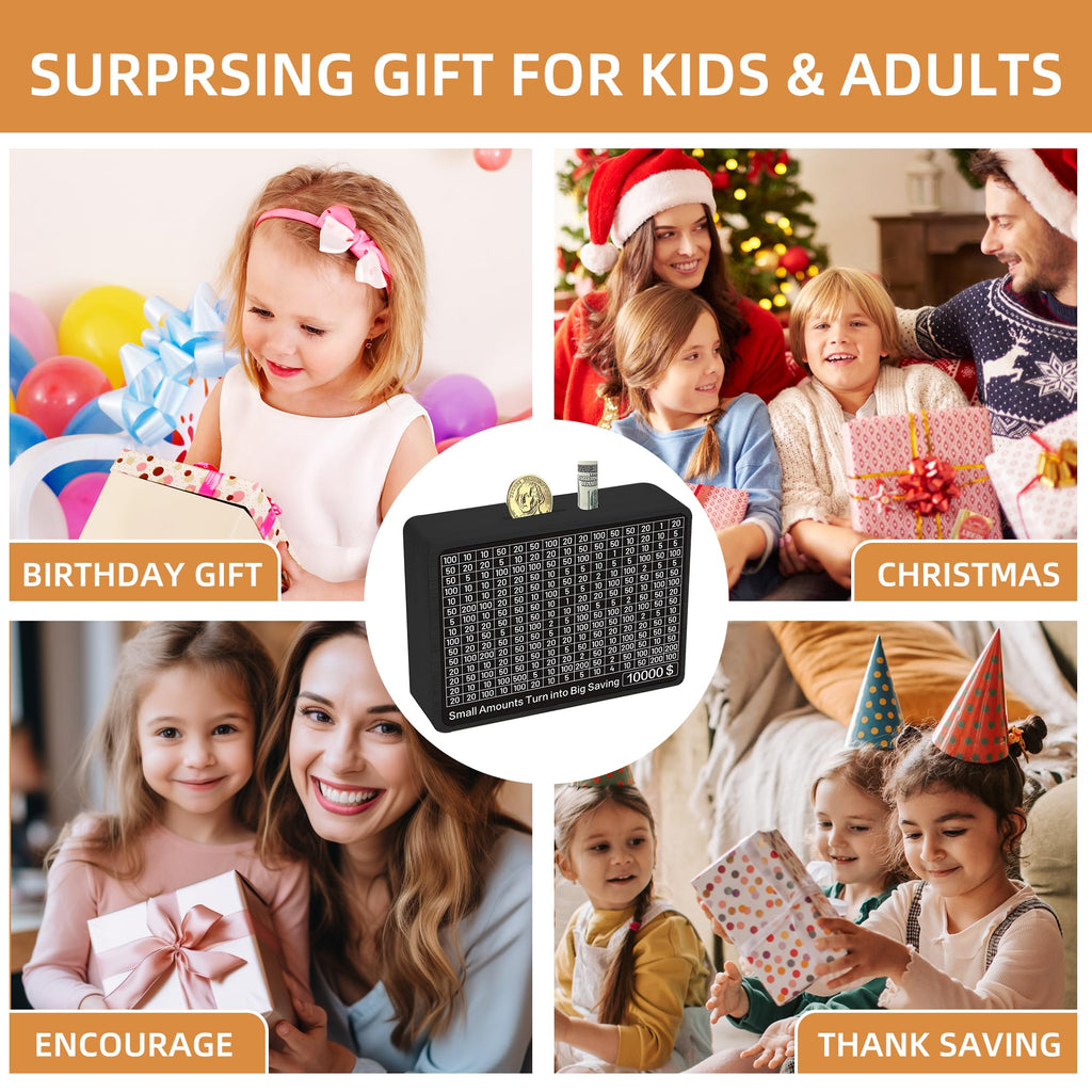 Sidypro Wooden Money Saving Box with 10000 Dollars Target – Cash Savings Challenge for Adults & Kids, Black