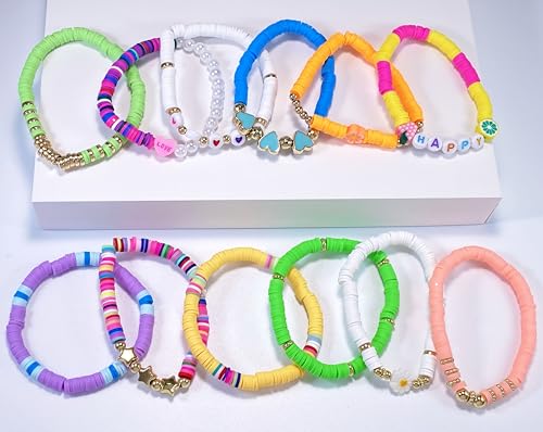 SIELEVIN 10 Pack Colorful Clay Bead Friendship Bracelets for Girls Teens Women - Beach Style Jewelry Set