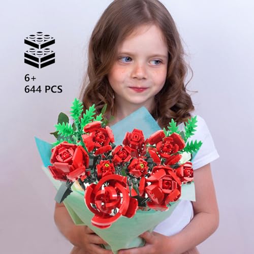 SIENON Red Rose Building Set - 10 Roses & Leaves, 644 Pcs Artificial Flower Bouquet Kit for Home Decor (No Vase)