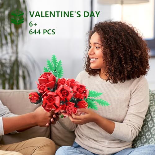 SIENON Red Rose Building Set - 10 Roses & Leaves, 644 Pcs Artificial Flower Bouquet Kit for Home Decor (No Vase)