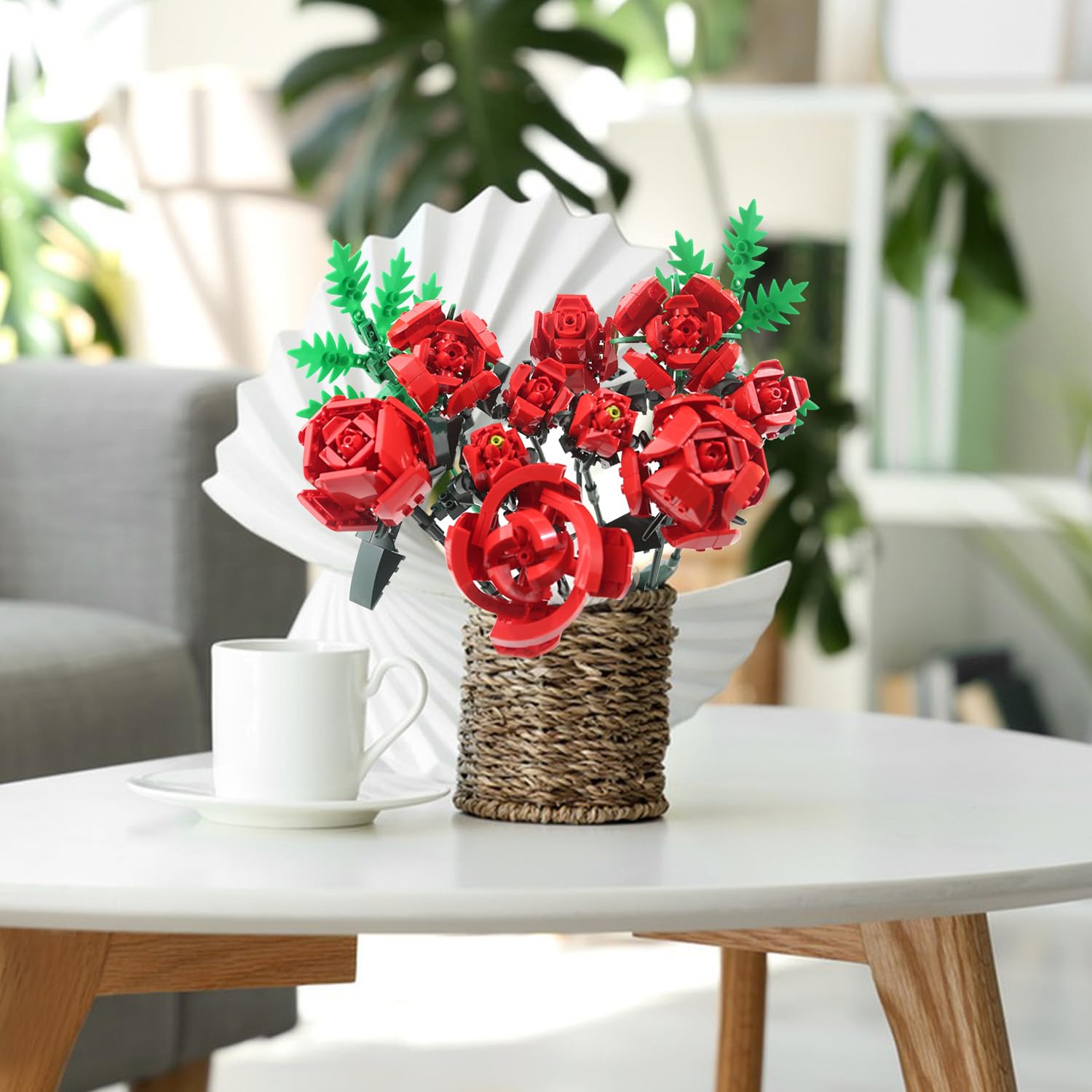 SIENON Red Rose Building Set - 10 Roses & Leaves, 644 Pcs Artificial Flower Bouquet Kit for Home Decor (No Vase)