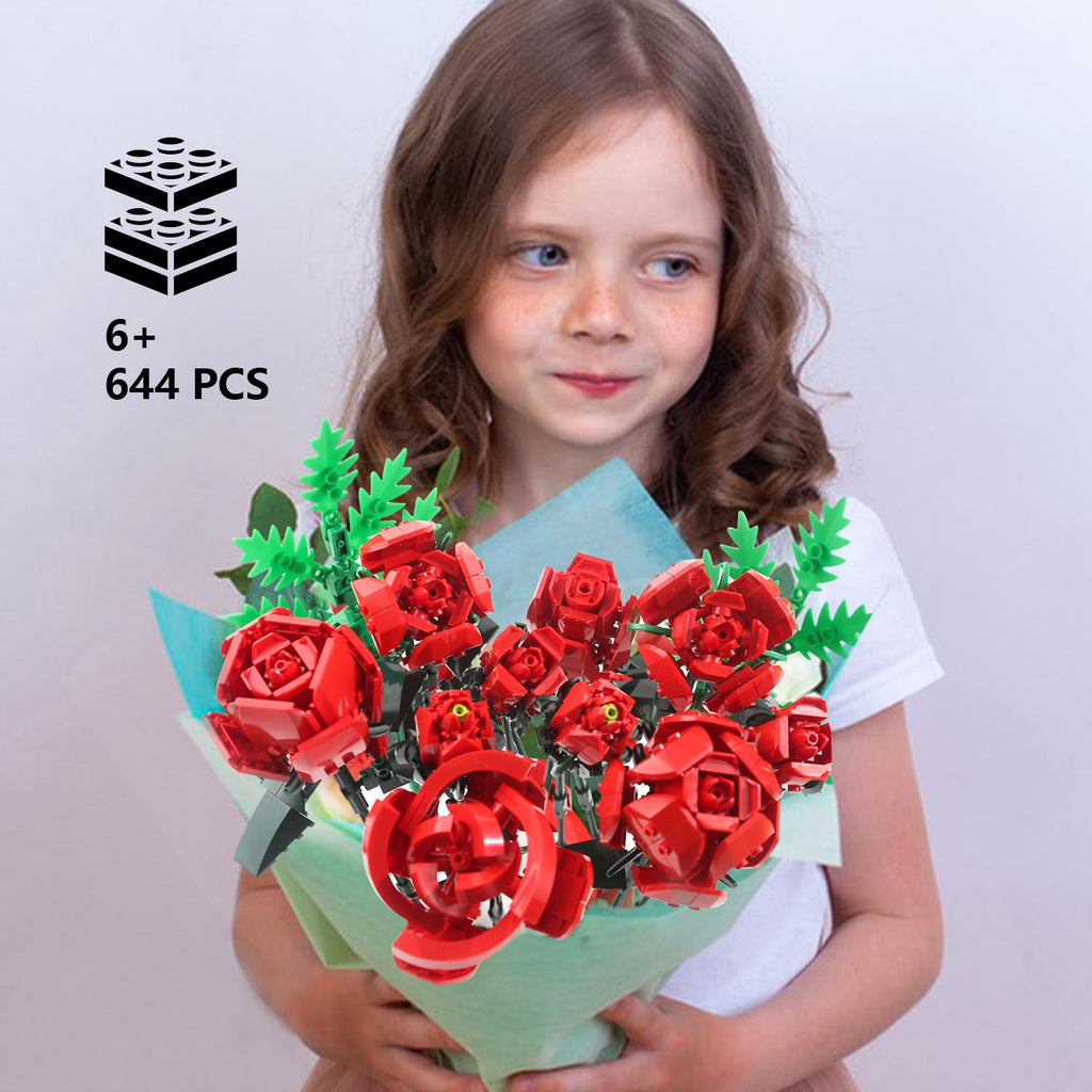 SIENON Red Rose Building Set - 10 Roses & Leaves, 644 Pcs Artificial Flower Bouquet Kit for Home Decor (No Vase)