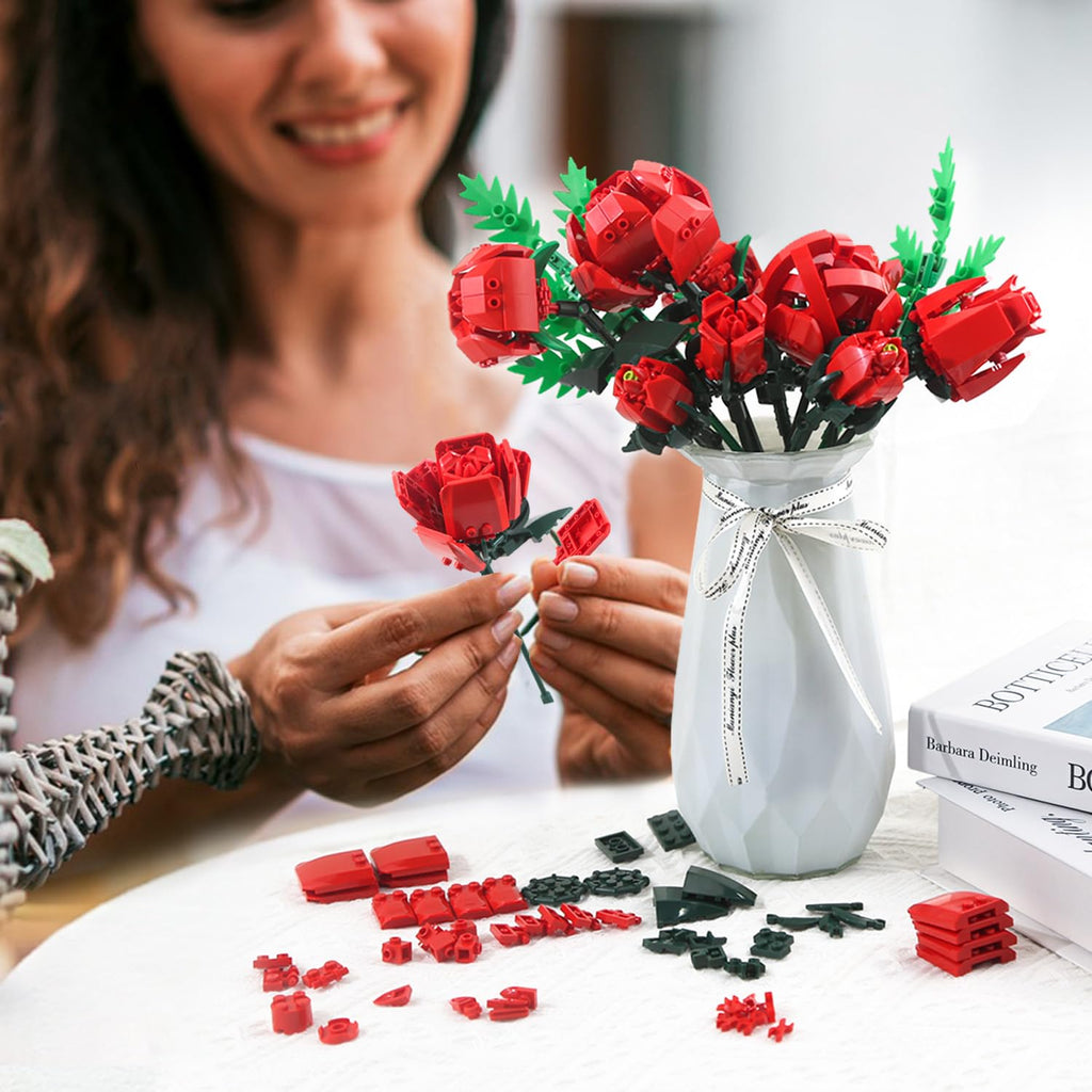 SIENON Red Rose Building Set - 10 Roses & Leaves, 644 Pcs Artificial Flower Bouquet Kit for Home Decor (No Vase)