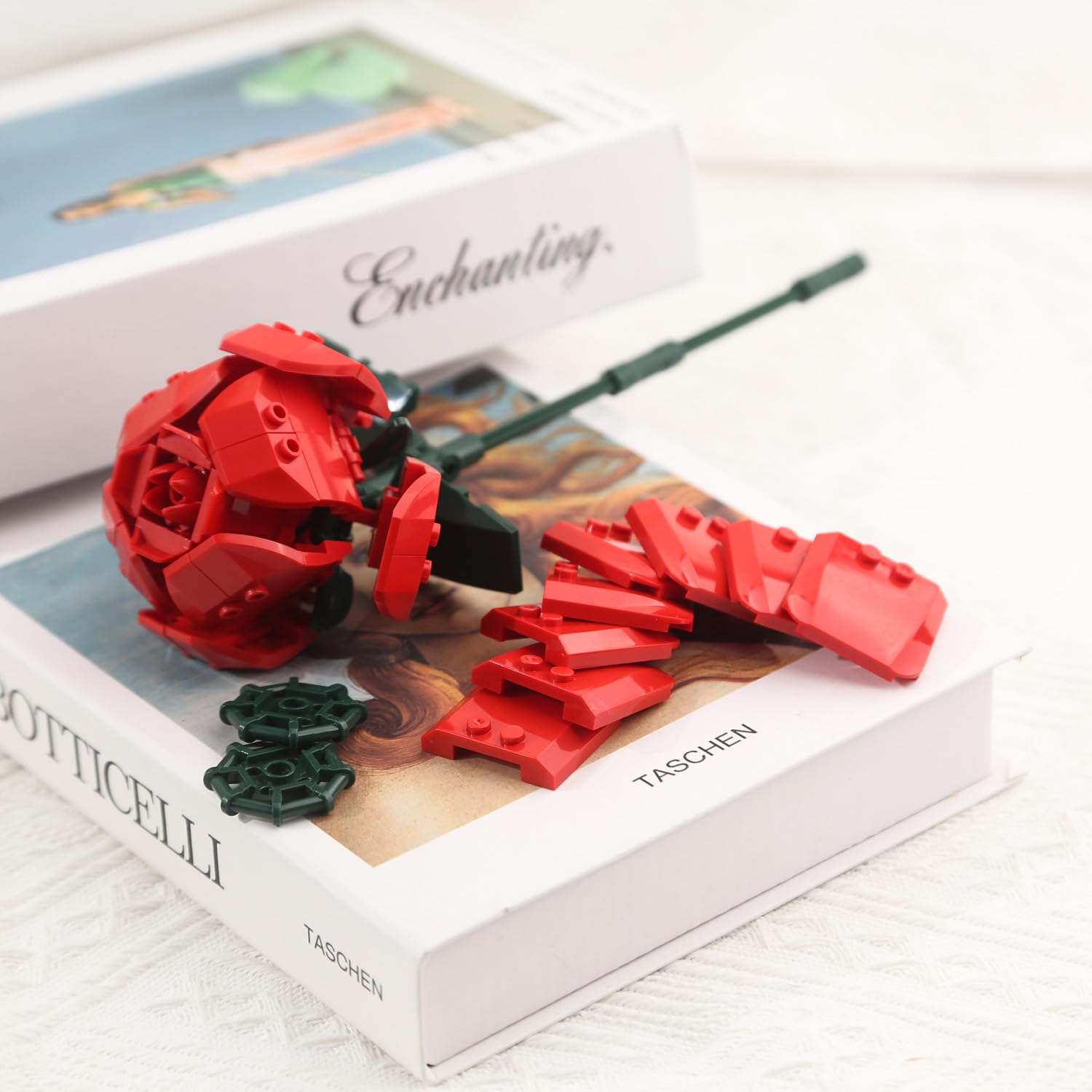 SIENON Red Rose Building Set - 10 Roses & Leaves, 644 Pcs Artificial Flower Bouquet Kit for Home Decor (No Vase)