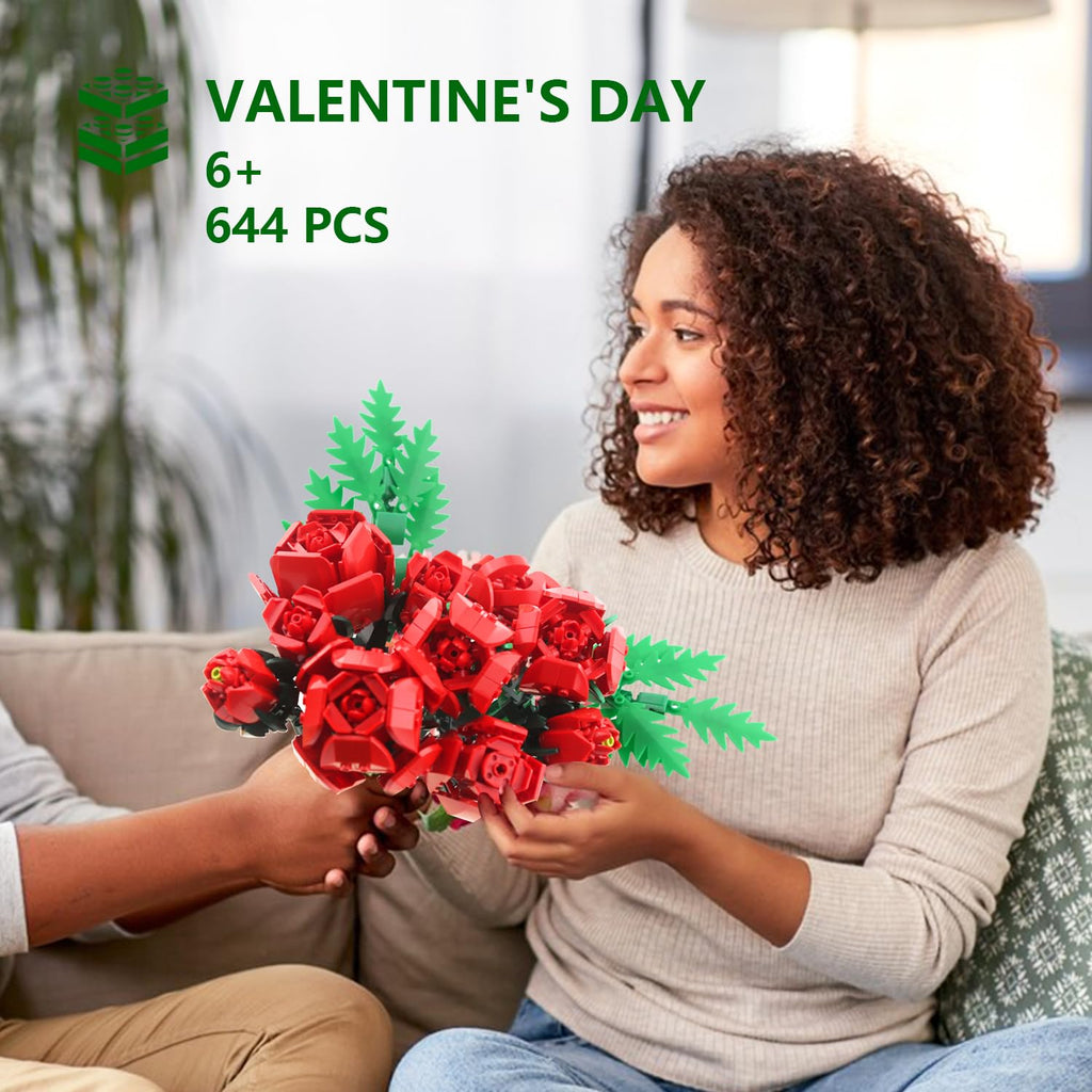 SIENON Red Rose Building Set - 10 Roses & Leaves, 644 Pcs Artificial Flower Bouquet Kit for Home Decor (No Vase)