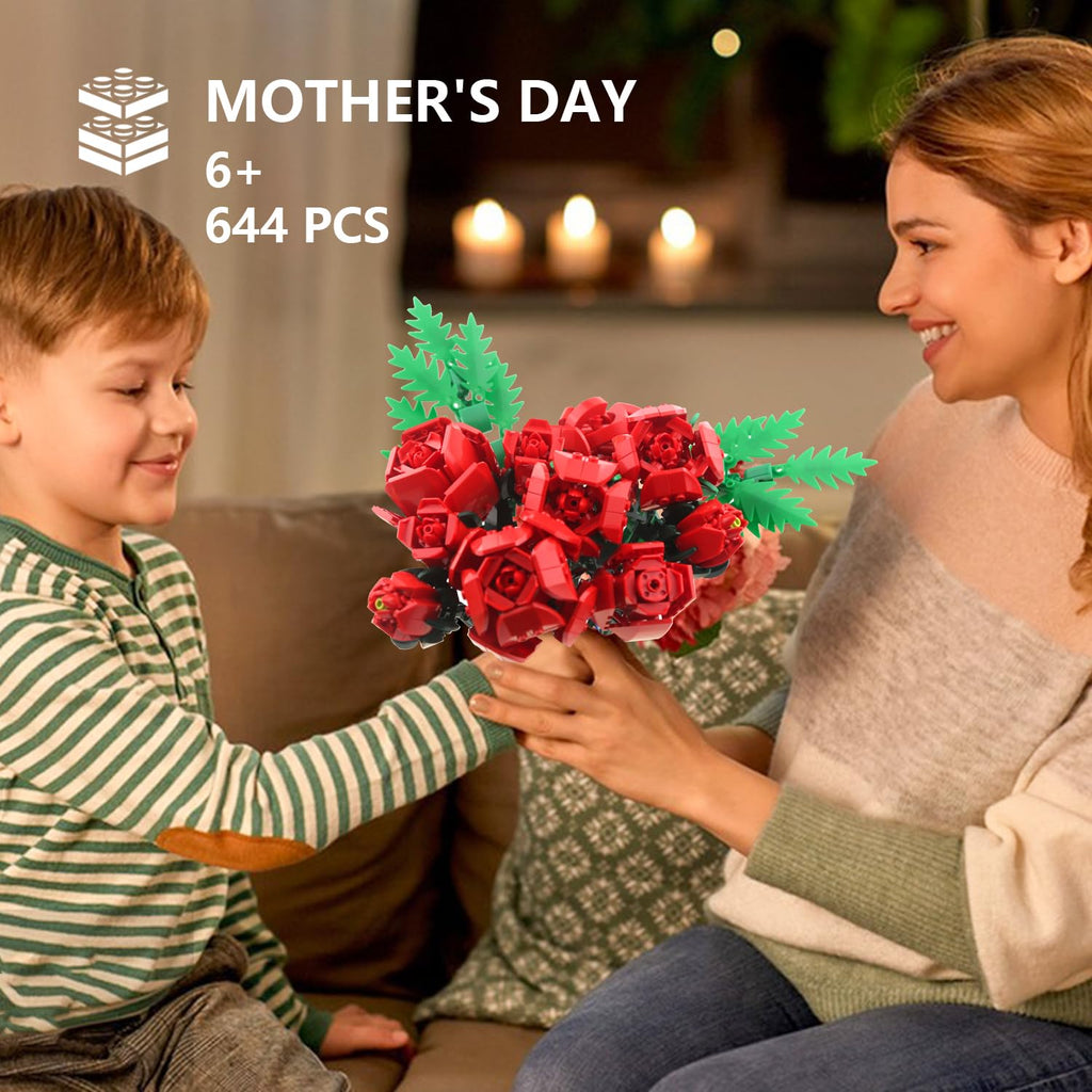 SIENON Red Rose Building Set - 10 Roses & Leaves, 644 Pcs Artificial Flower Bouquet Kit for Home Decor (No Vase)