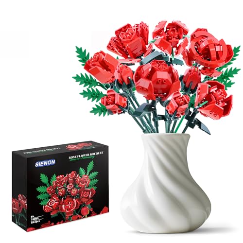 SIENON Red Rose Building Set - 10 Roses & Leaves, 644 Pcs Artificial Flower Bouquet Kit for Home Decor (No Vase)