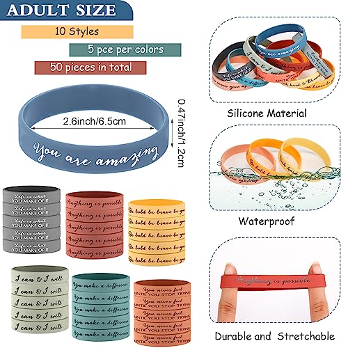 Sieral 50-Pack Inspirational Silicone Wristbands – Motivational Rubber Bracelets with Positive Quotes for Students, Women, Men, Bulk