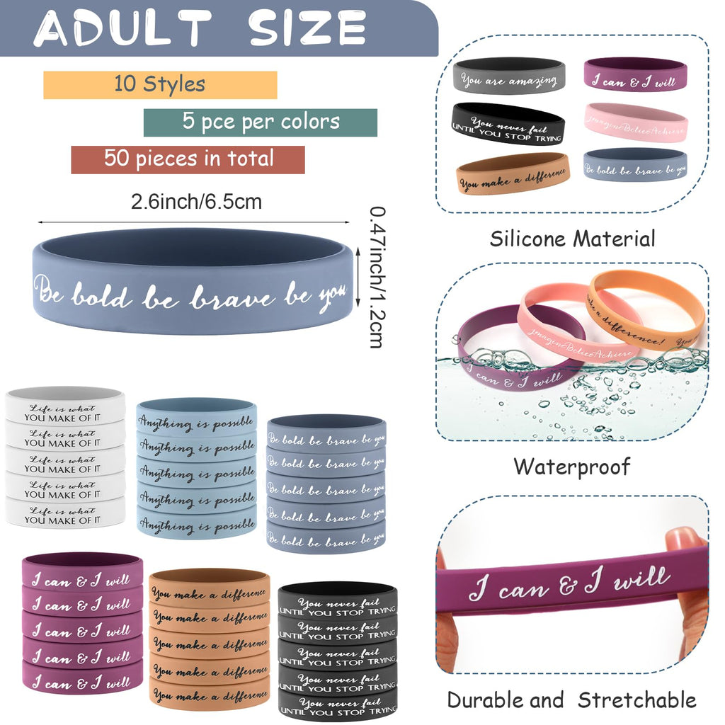Sieral 50-Piece Inspirational Wristbands – Motivational Silicone Bracelets with 10 Quotes for Students, Women, Men