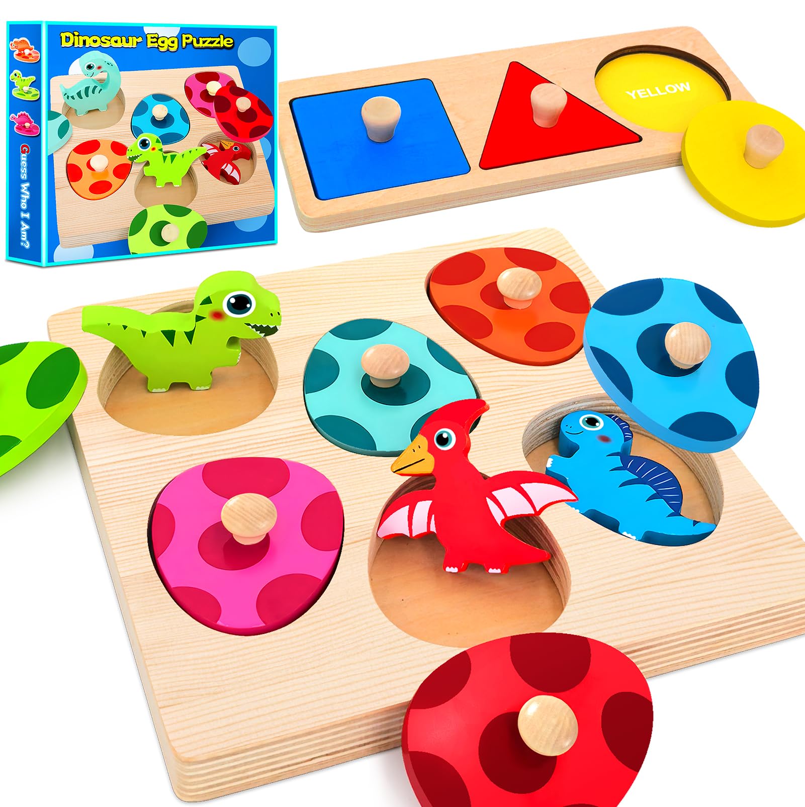SIERLIKY Wooden Peg Puzzle for Toddlers - Montessori Color Sorting & Shape Matching Dinosaur Eggs Toy