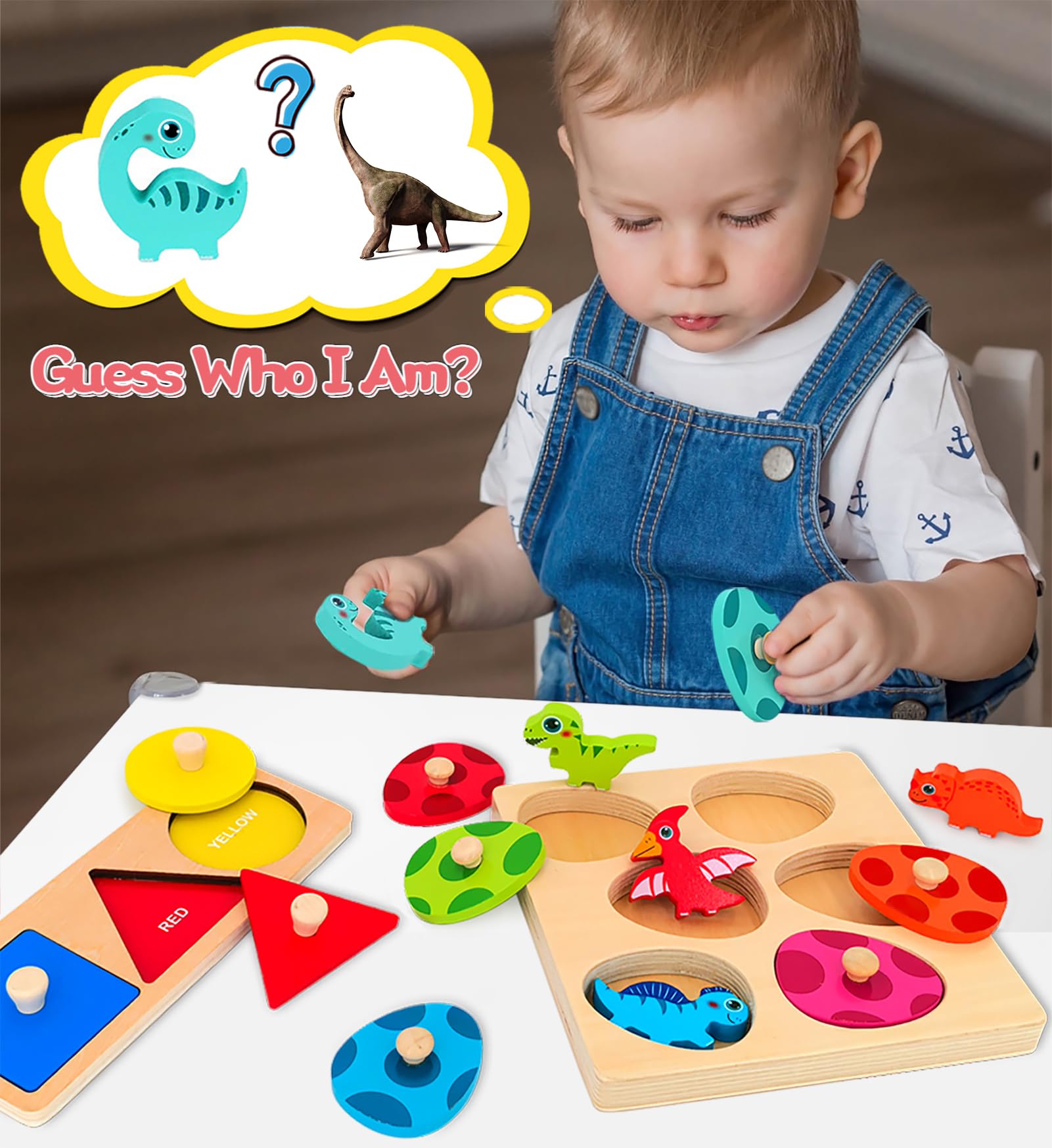 SIERLIKY Wooden Peg Puzzle for Toddlers - Montessori Color Sorting & Shape Matching Dinosaur Eggs Toy