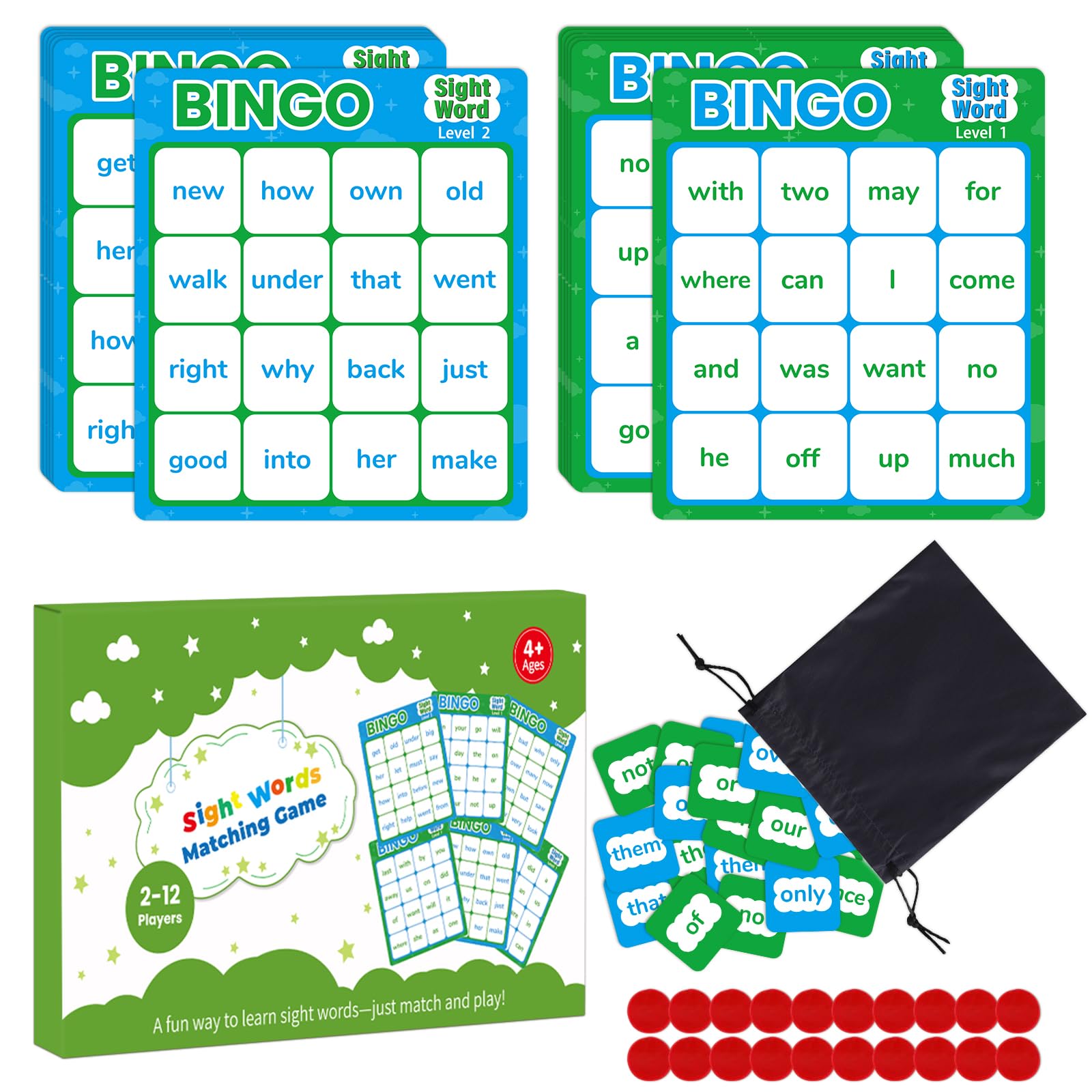 Sight Word Bingo Game – Learn to Read with Level 1 & 2, Kindergarten Preschool Reading Activities, Classroom & Homeschool