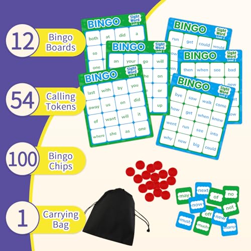 Sight Word Bingo Game – Learn to Read with Level 1 & 2, Kindergarten Preschool Reading Activities, Classroom & Homeschool