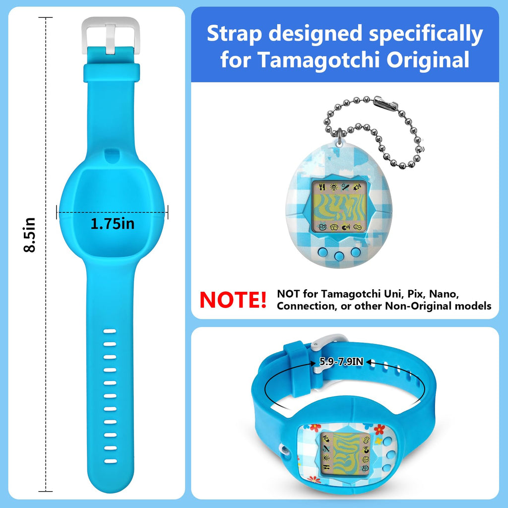 Silicone Wristband for Tamagotchi Original – Blue, Adjustable Anti-Drop Strap for Gen 1 & 2, Neon, Retro Flowers, 90s Edition, Fresh Strawberry