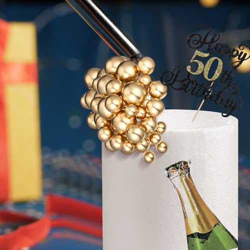 Silipull 38 Pcs 50th Birthday Cake Topper Set with Gold Balls – 6.1 x 5 Inch Banner and Beer Decoration for Men Anniversary Party Supplies