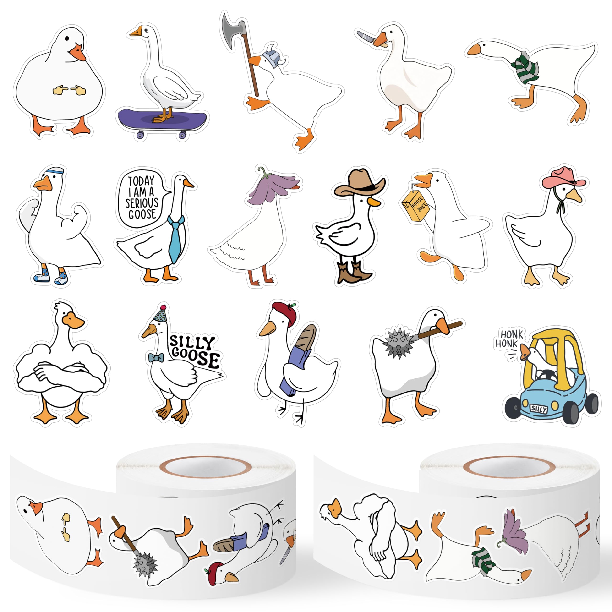 Silly Goose Roll Stickers - 2 Rolls 1000pcs 16 Styles Funny Vinyl Meme Decals for Car Laptop Cup