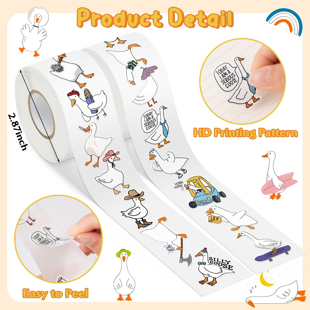 Silly Goose Roll Stickers - 2 Rolls 1000pcs 16 Styles Funny Vinyl Meme Decals for Car Laptop Cup