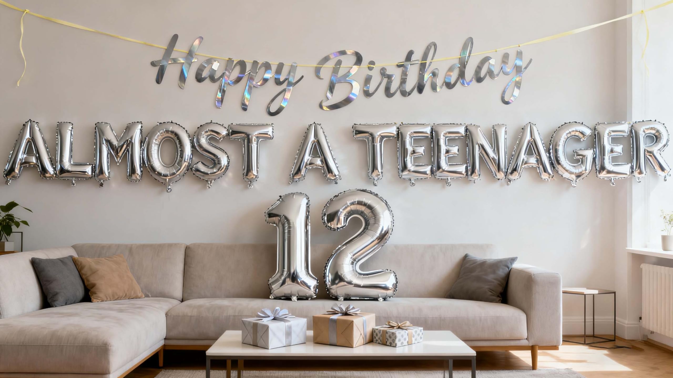 Silver 12th Birthday Balloon Set for Boys - JumDaQQ Almost a Teenager Banner & Number 12 Foil Balloons