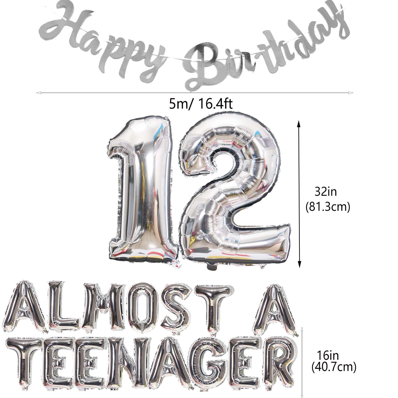 Silver 12th Birthday Balloon Set for Boys - JumDaQQ Almost a Teenager Banner & Number 12 Foil Balloons