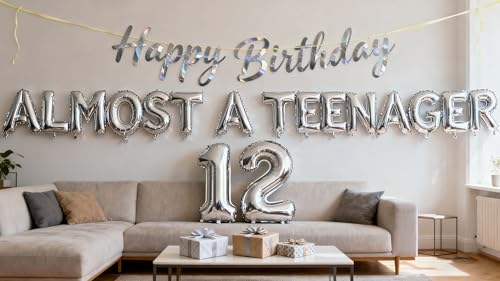 Silver 12th Birthday Balloon Set for Boys - JumDaQQ Almost a Teenager Banner & Number 12 Foil Balloons