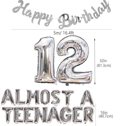 Silver 12th Birthday Balloon Set for Boys - JumDaQQ Almost a Teenager Banner & Number 12 Foil Balloons