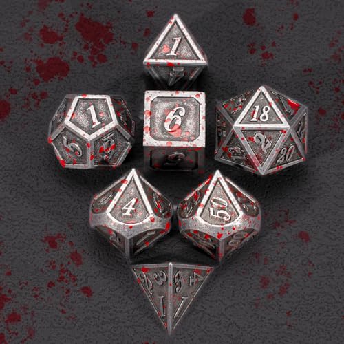 Silver Blood Metal DND Dice Set - 7-Piece Polyhedral Zinc Alloy RPG Dice with Carrying Bag