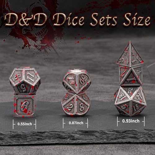 Silver Blood Metal DND Dice Set - 7-Piece Polyhedral Zinc Alloy RPG Dice with Carrying Bag