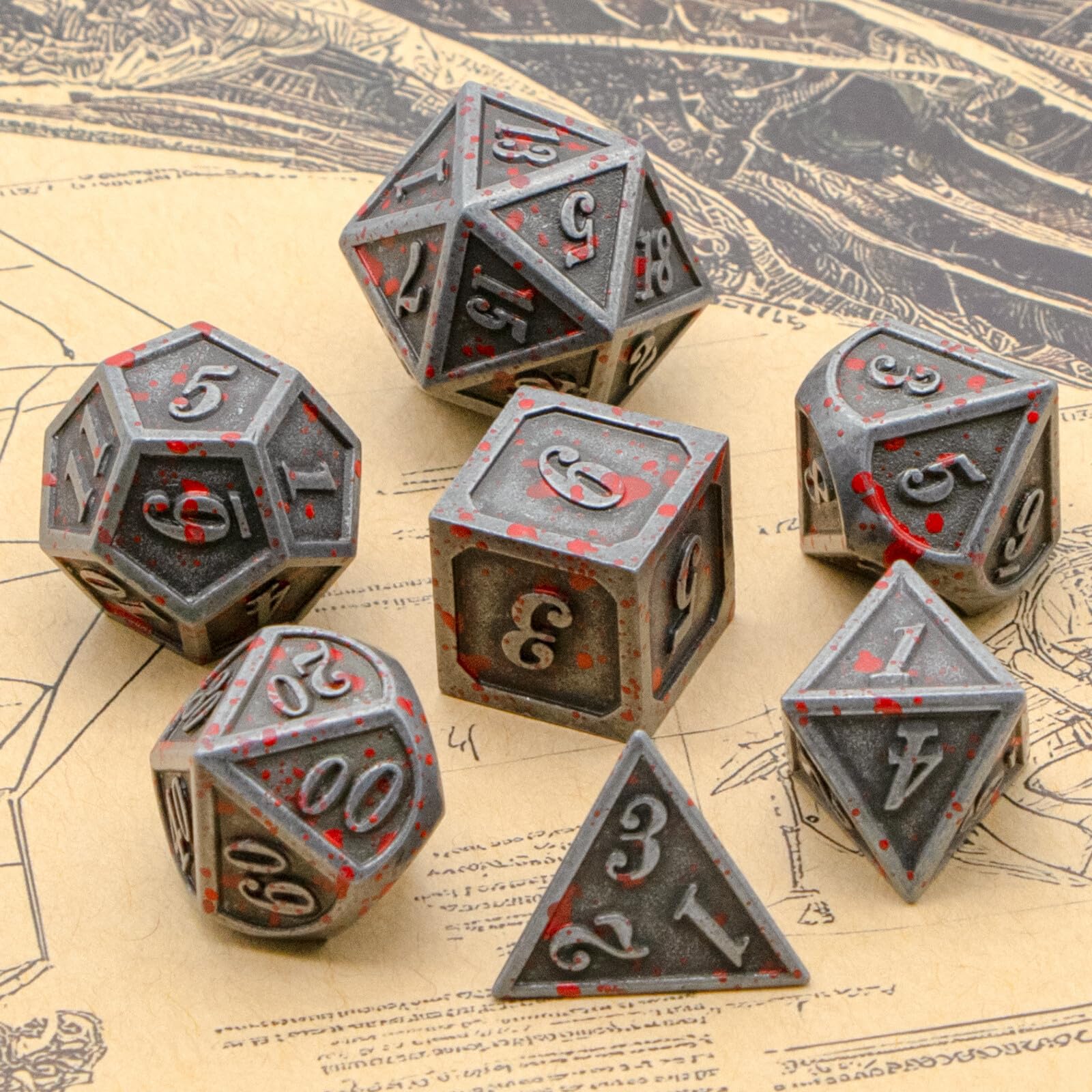 Silver Blood Metal DND Dice Set - 7-Piece Polyhedral Zinc Alloy RPG Dice with Carrying Bag