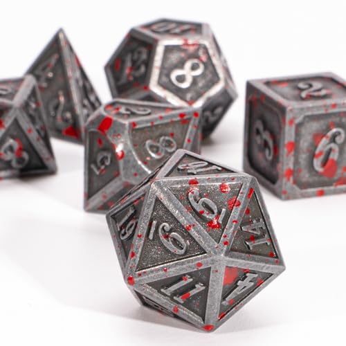Silver Blood Metal DND Dice Set - 7-Piece Polyhedral Zinc Alloy RPG Dice with Carrying Bag