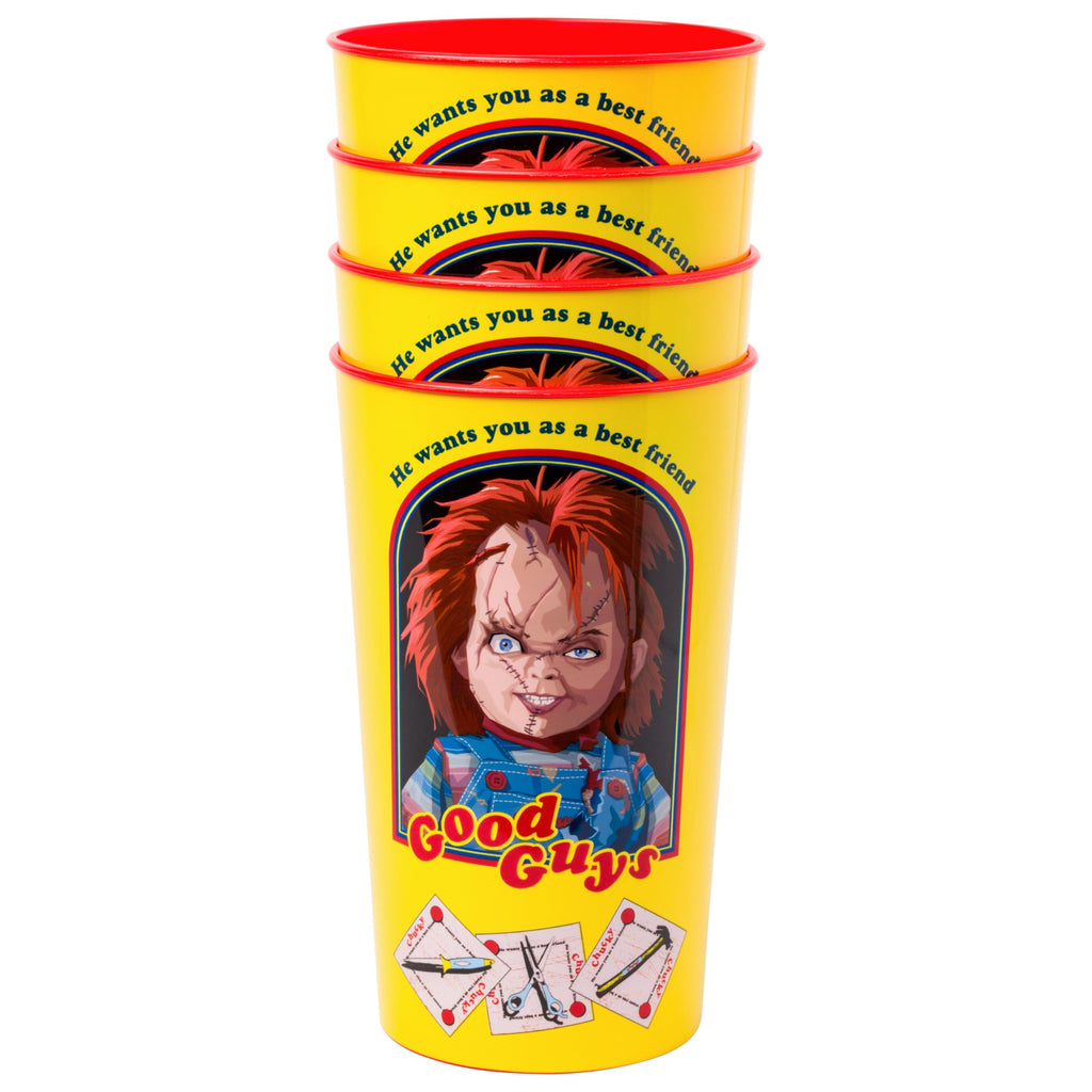 Silver Buffalo Chucky 'Good Guys' 4-Pack Plastic Cups – 22 oz, Officially Licensed Horror Drinkware