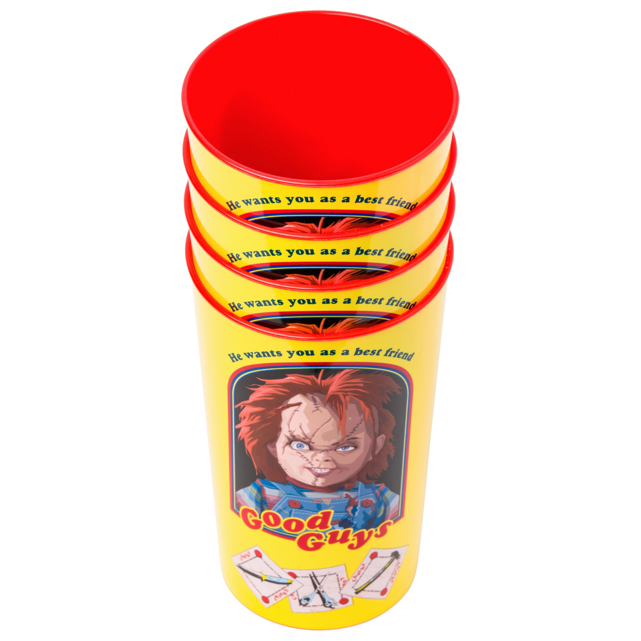 Silver Buffalo Chucky 'Good Guys' 4-Pack Plastic Cups – 22 oz, Officially Licensed Horror Drinkware