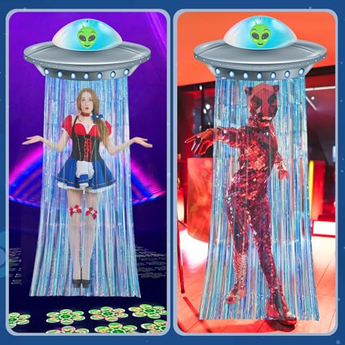 Simgoing Alien Birthday Party Door Curtain Set – Golden Blue Foil Fringe Tinsel with Spaceship Banner