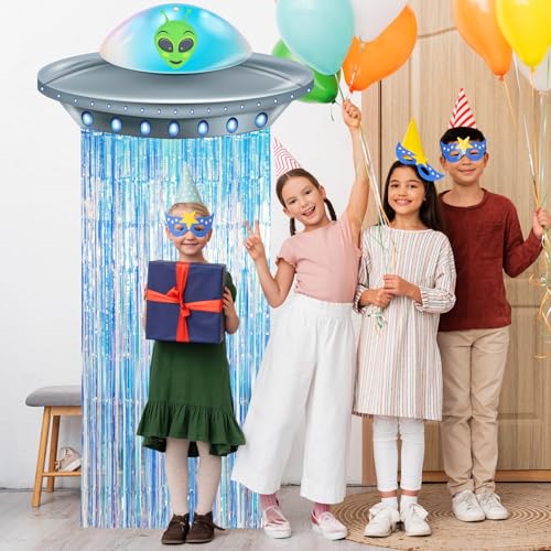 Simgoing Alien Birthday Party Door Curtain Set – Golden Blue Foil Fringe Tinsel with Spaceship Banner
