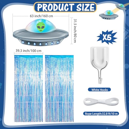 Simgoing Alien Birthday Party Door Curtain Set – Golden Blue Foil Fringe Tinsel with Spaceship Banner