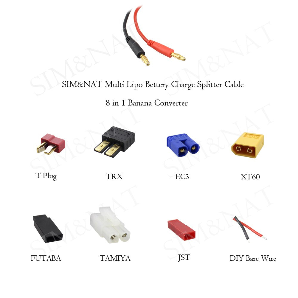 SIM&NAT 8-in-1 RC Lipo Battery Charger Adapter Cable with 4mm Banana Plug - Compatible with TRX, Tamiya, EC3, JST, Futaba, XT60, T-Dean