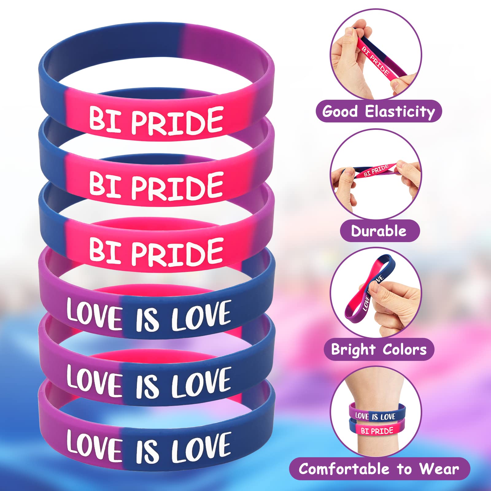 Sinasasspel Bisexual Pride Accessories Set - 6 Bracelets, 6 Pins, 12 Tattoos