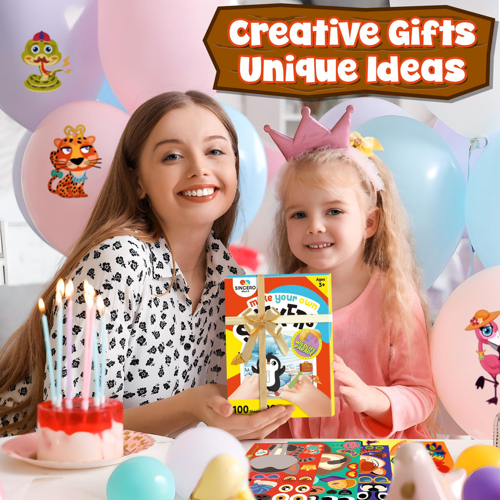 sinceroduct 100 Sheets Make a Face Stickers for Kids - 20 Animal Designs, Waterproof & Reusable DIY Stickers