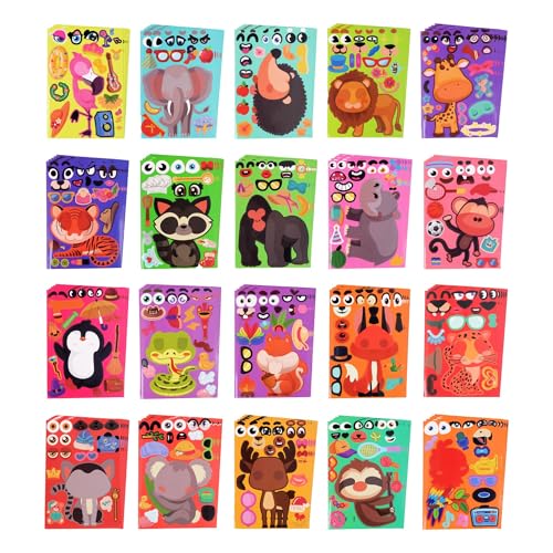 sinceroduct 100 Sheets Make a Face Stickers for Kids - 20 Animal Designs, Waterproof & Reusable DIY Stickers