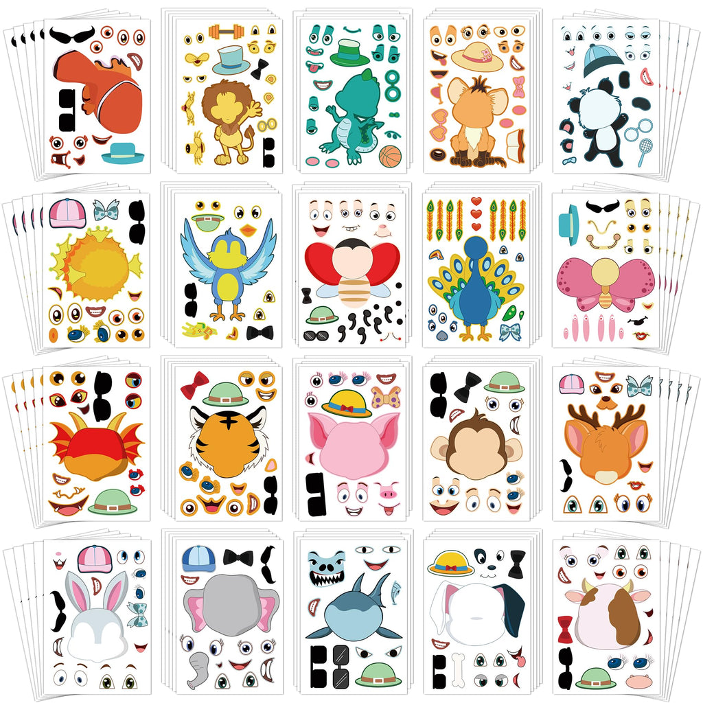 Sinceroduct 100PCS Make Your Own Stickers for Kids – 20 Animal Faces, Reusable & Waterproof Craft Stickers