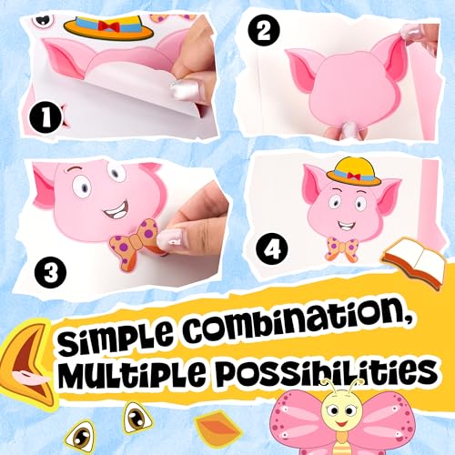 Sinceroduct 100PCS Make Your Own Stickers for Kids – 20 Animal Faces, Reusable & Waterproof Craft Stickers