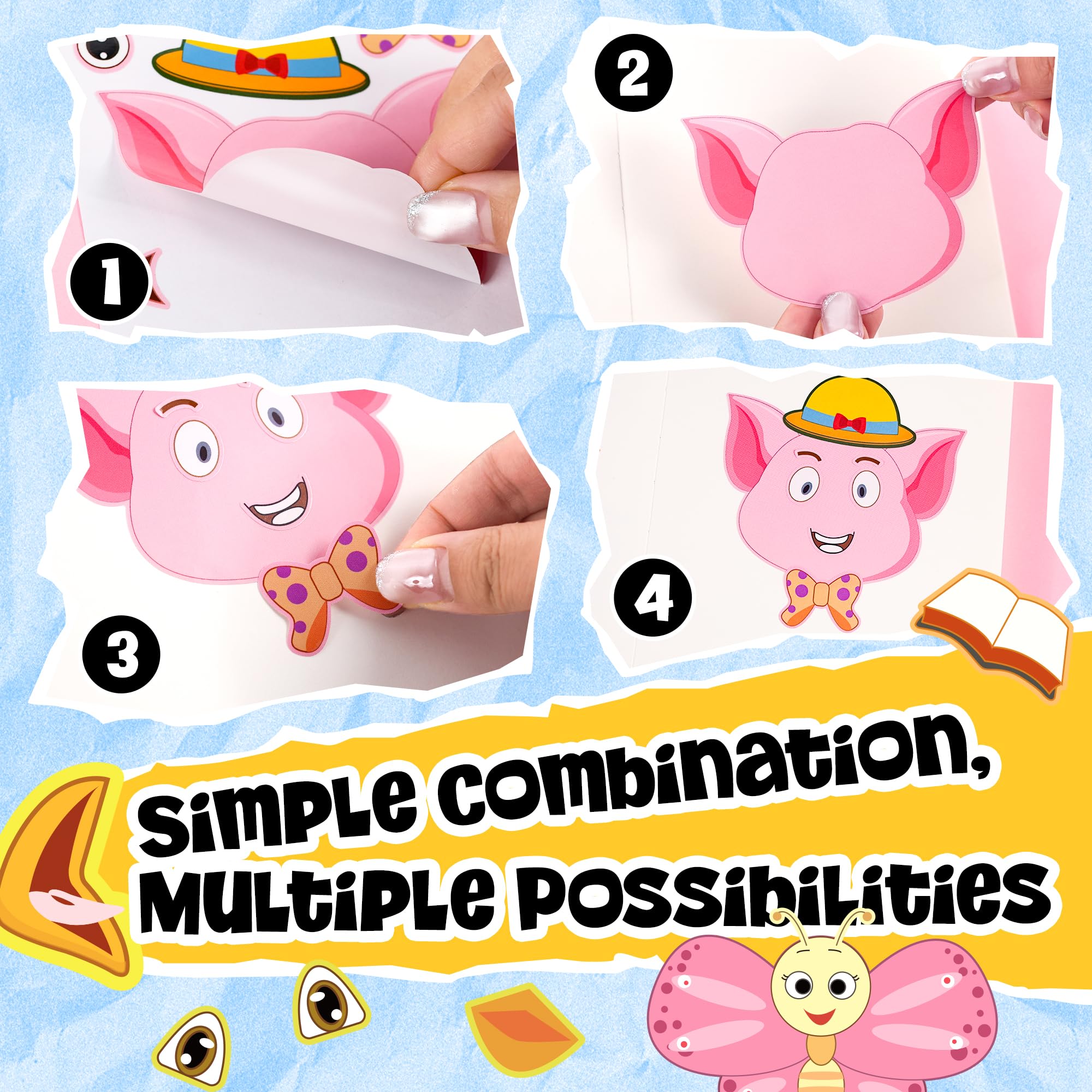 Sinceroduct 100PCS Make Your Own Stickers for Kids – 20 Animal Faces, Reusable & Waterproof Craft Stickers